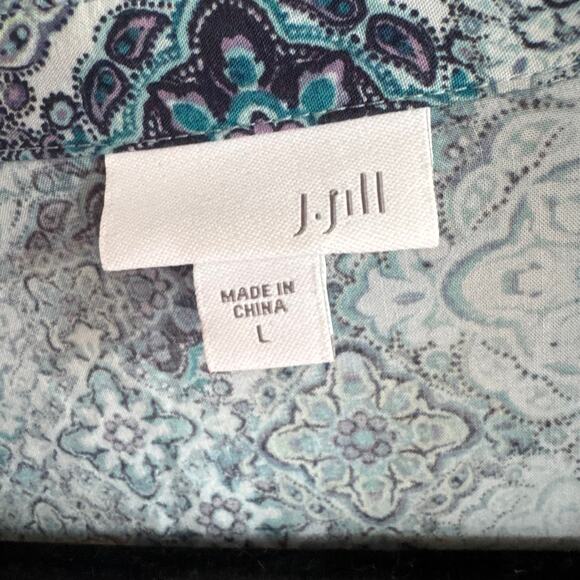 J.Jill Medallion Mixed Print Popover Blouse Top Blue V-Neck Long Sleeve Sz L - Picture 3 of 6